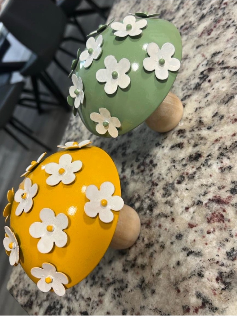 Yellow and Green Floral Metal Decorative Mushrooms